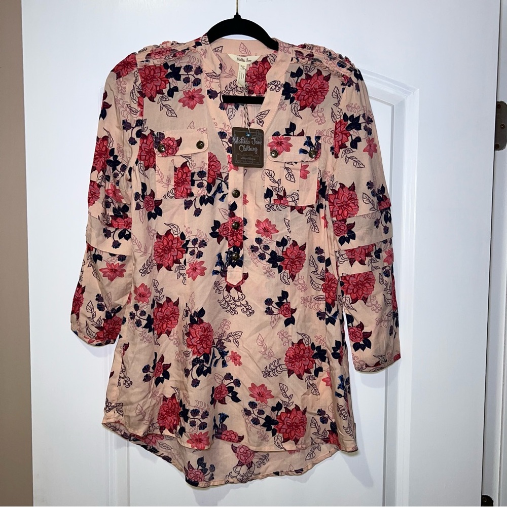 Matilda Jane NWT Peach Feminine Preppy Floral Button Up Shirt Size XS